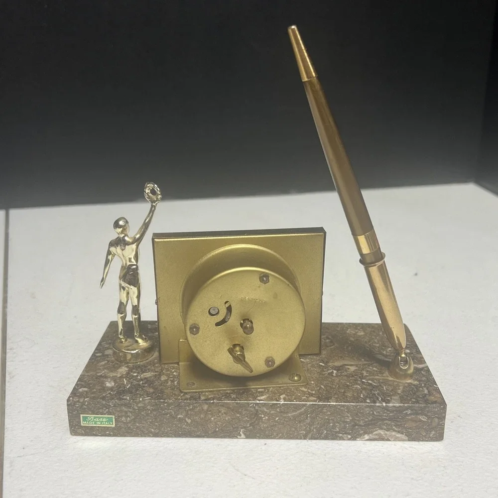 Vintage Endura Desk Clock With Granite Base, Pen, And Victory Statue. Untested.